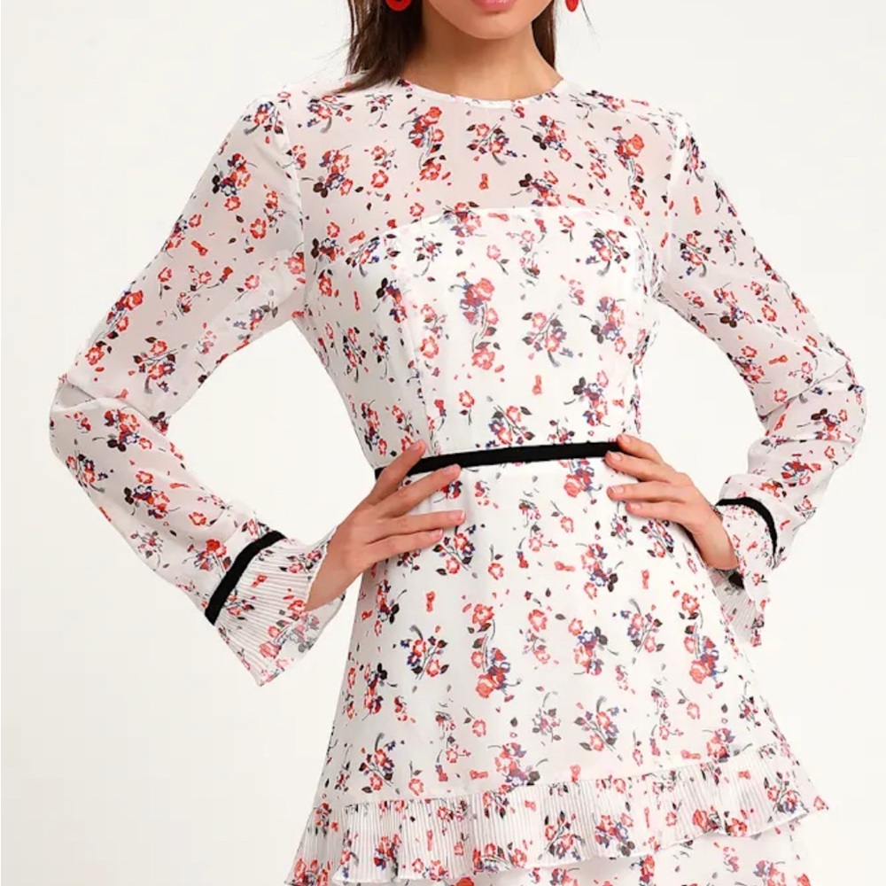 Lulu's Pink Ruffled Long Sleeve Dress with velvet details